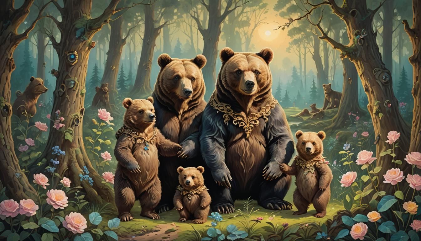 Bear Family in Enchanted Forest: Rococo Painting