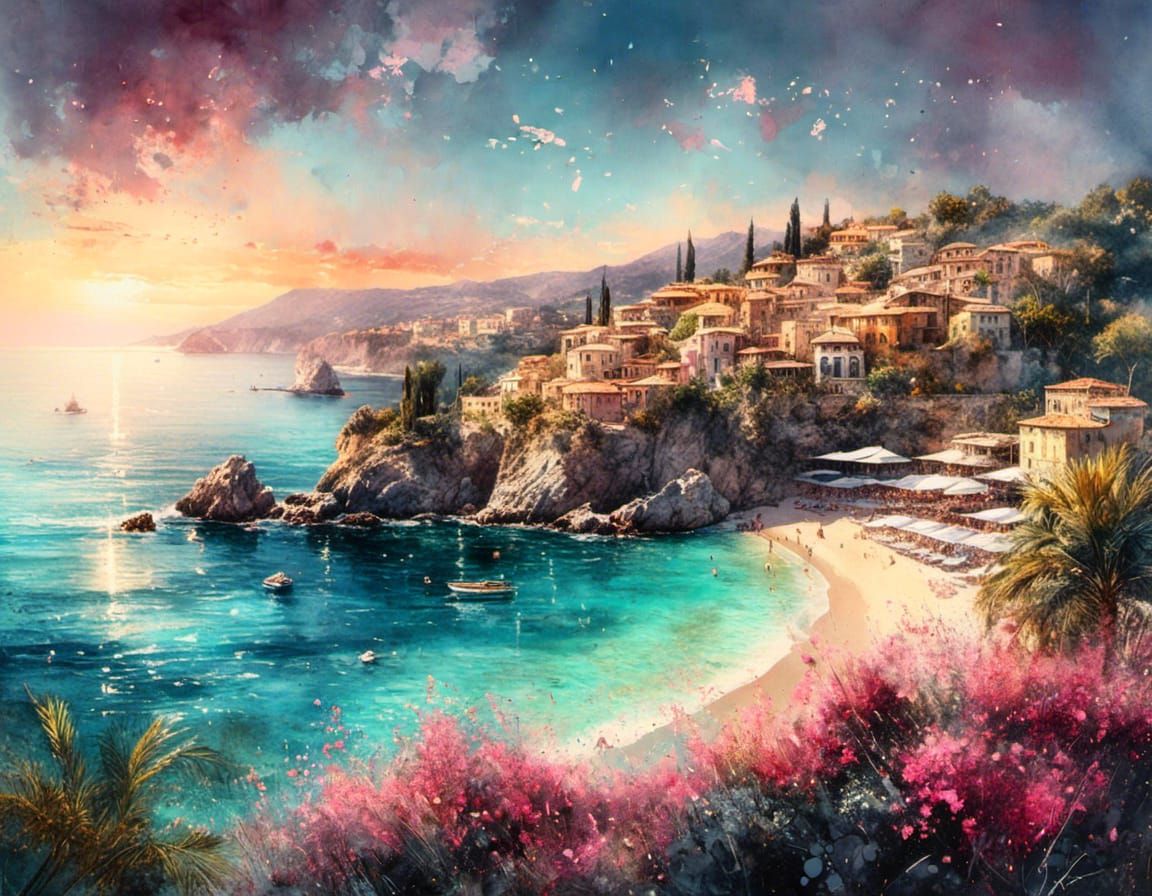 Mediterranean Beach Watercolor Painting with Summer Trees