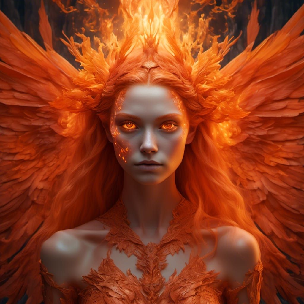 Orange Fire Fairy Portrait with Fiery Wings