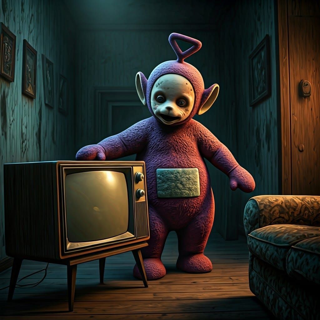 Menacing Teletubby Lurks in Haunting Living Room Scene