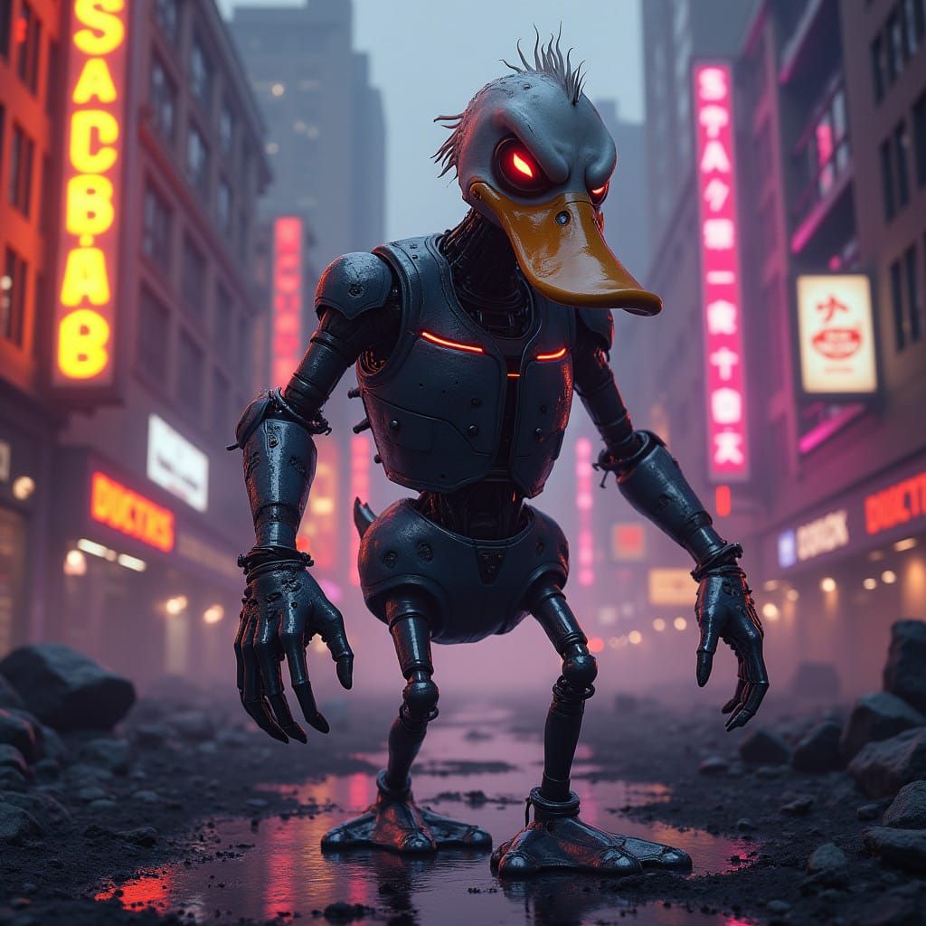 Cybernetic Donald Duck in Dystopian Cityscape