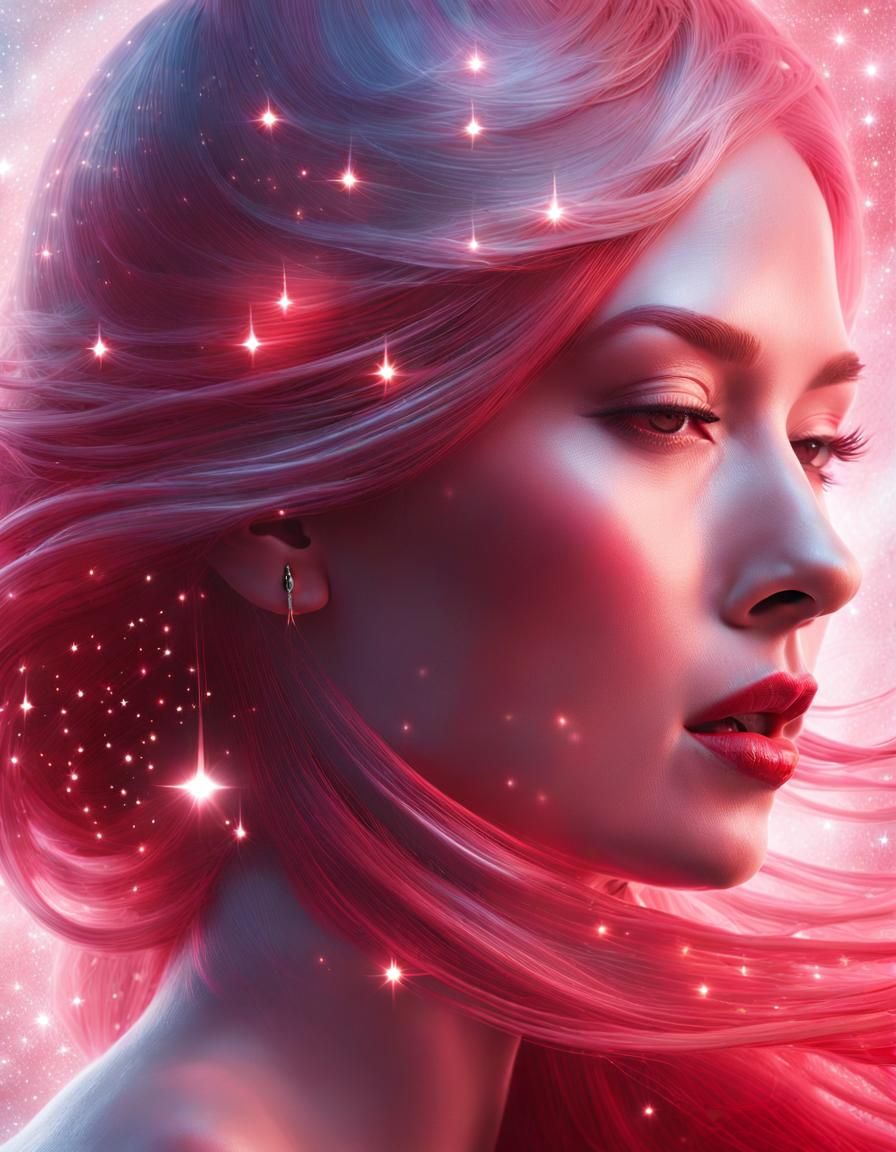 Ethereal Light Red Woman with Melting Stars Portrait