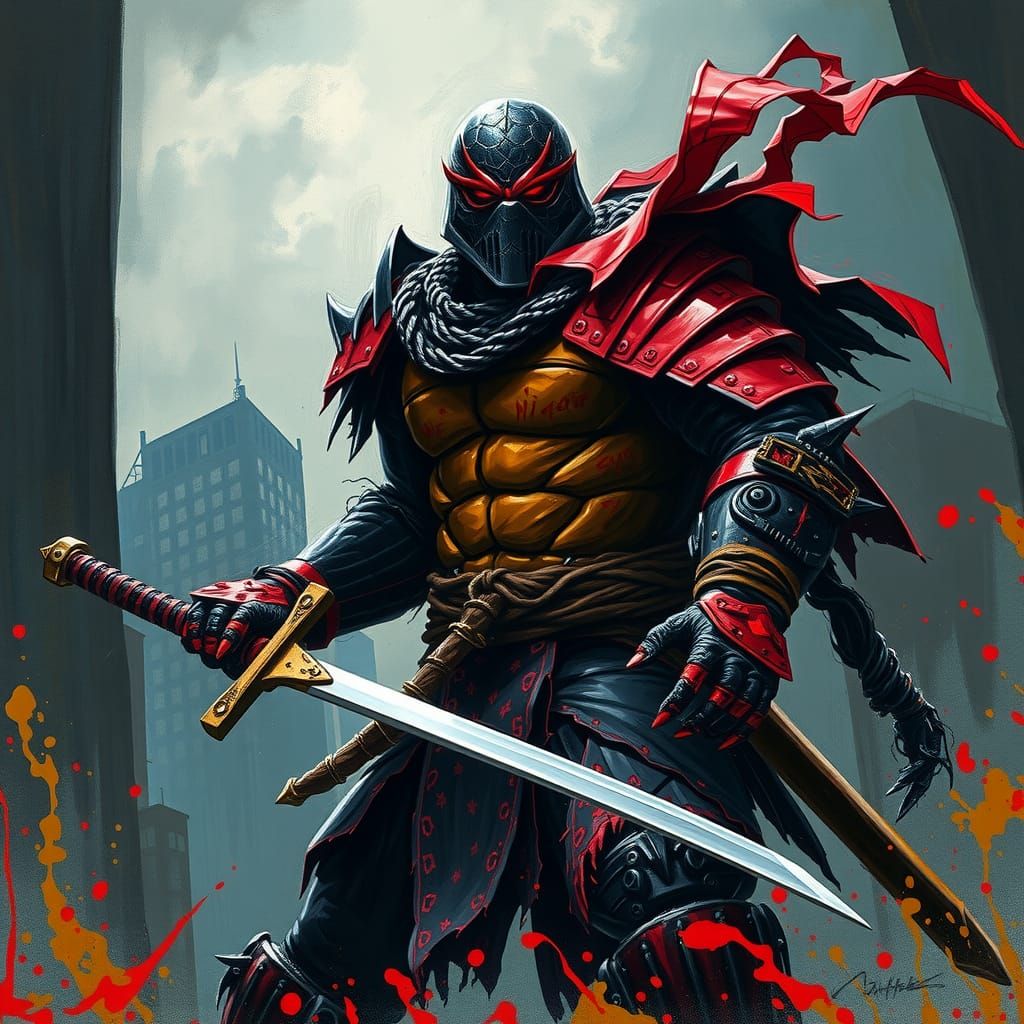 The Shredder in Expressionist Cityscape