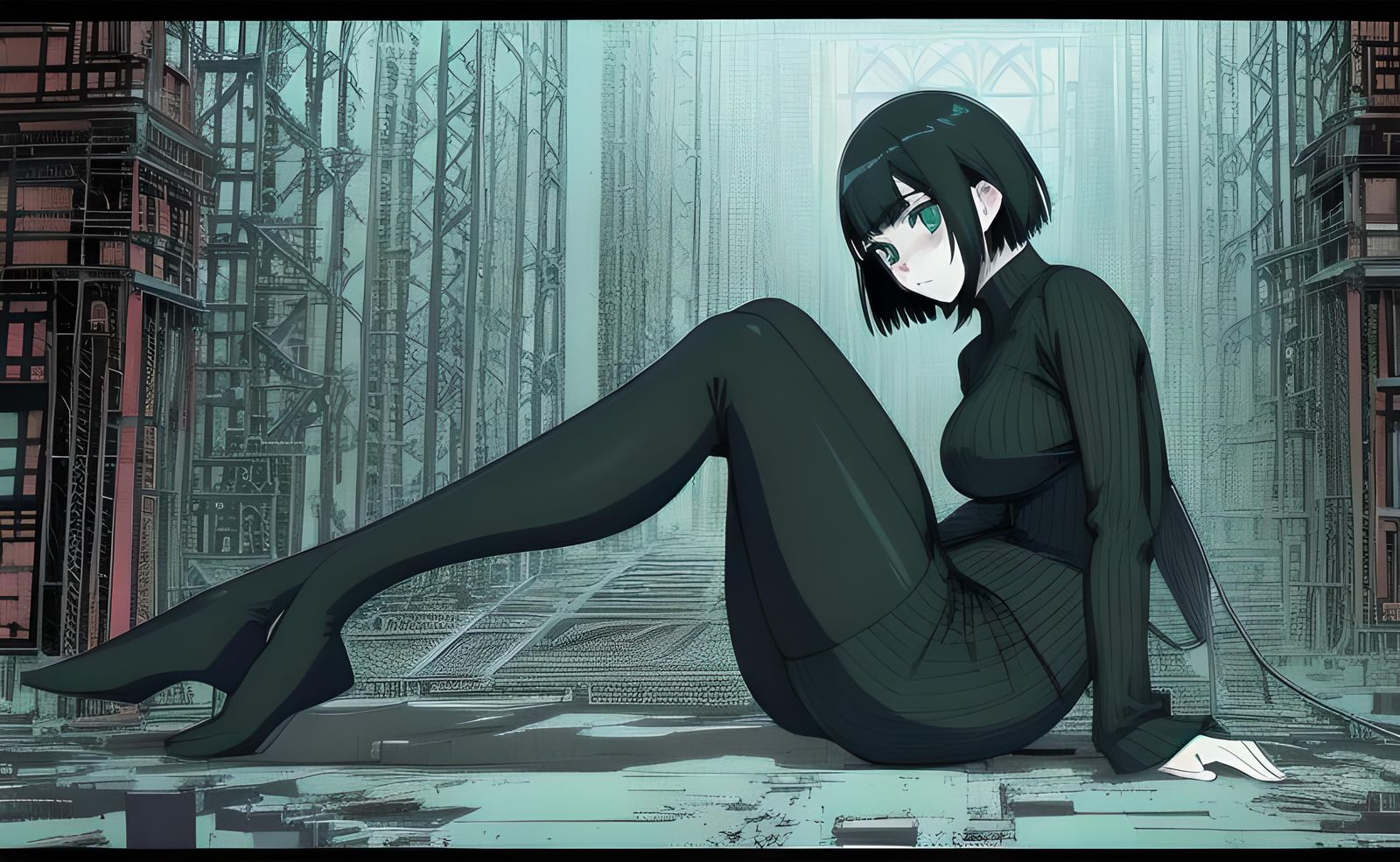 Curvy Goth Girl in Neon Manga Style