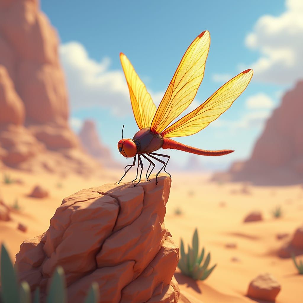 Colorful Dragonfly in Arid Desert, Anime Style