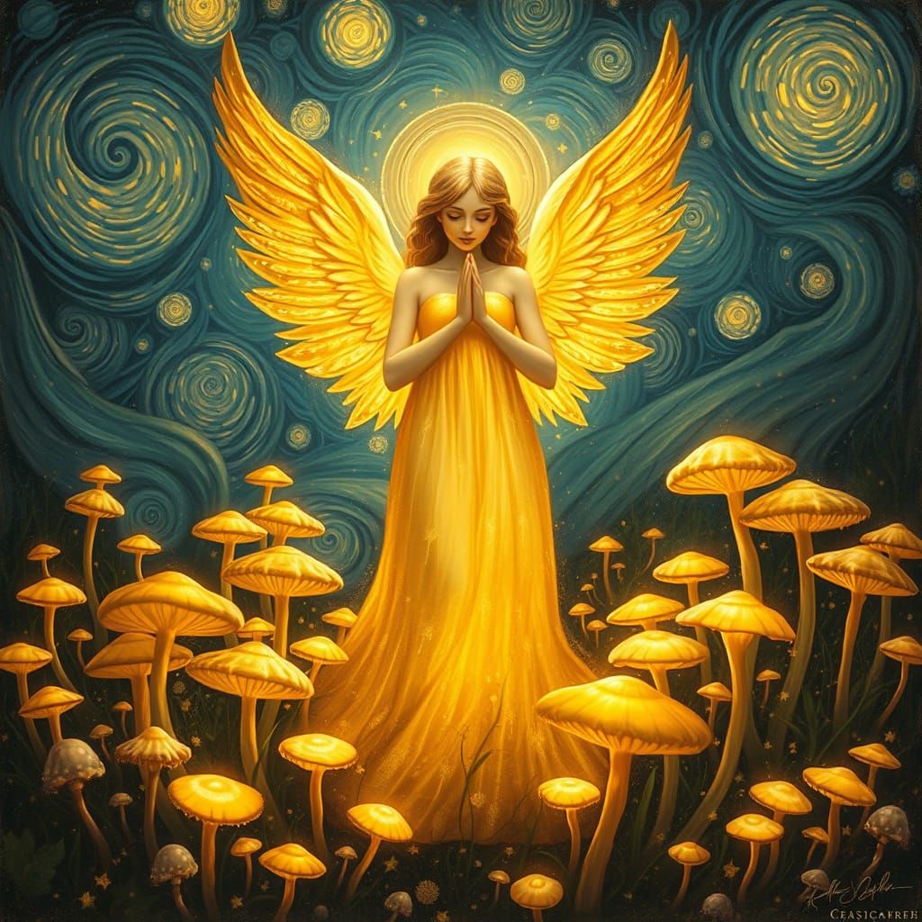 Angel of Golden Light in Luminous Mushroom Garden