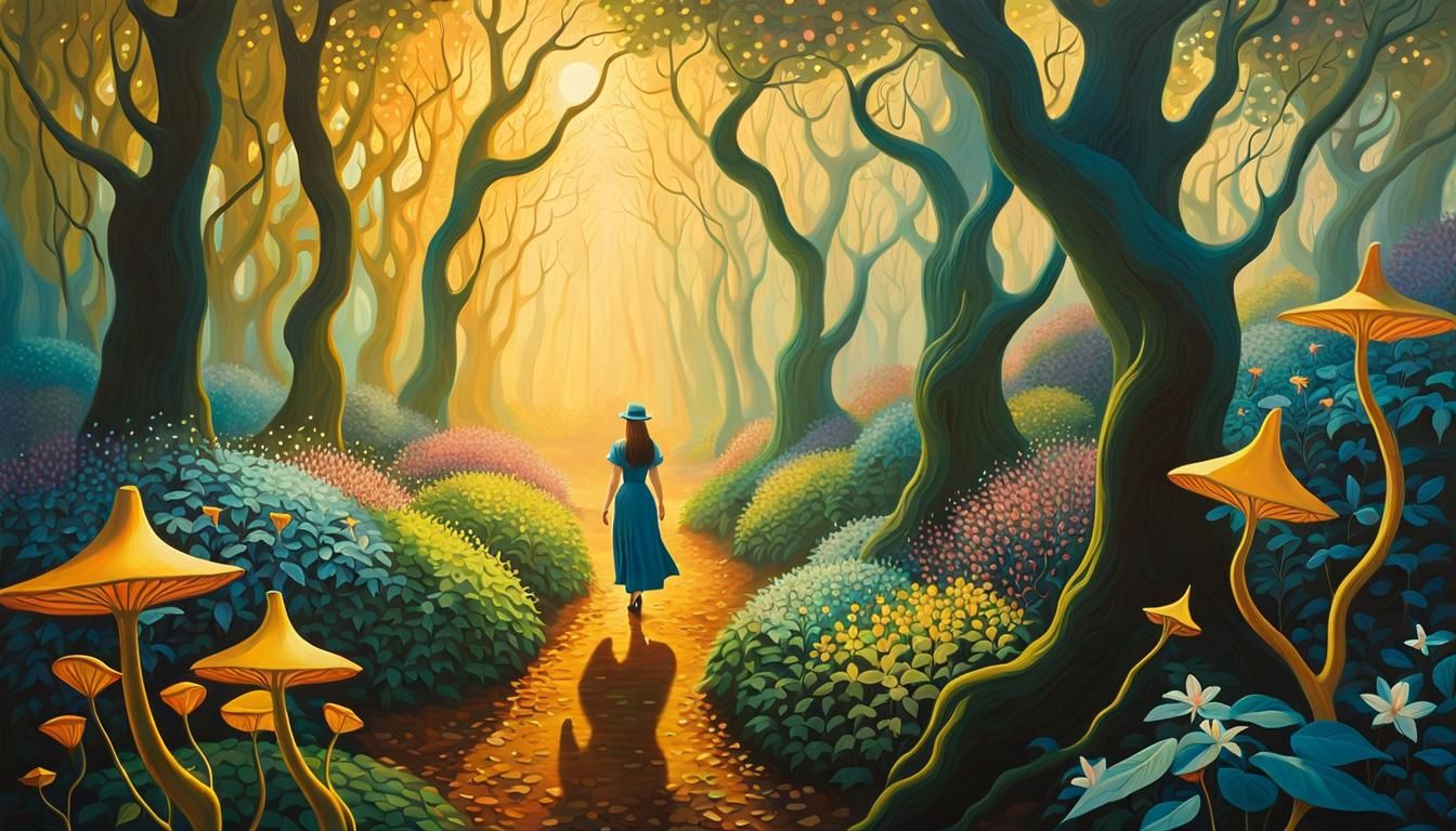 Woman in Magical Forest with Elves: Surreal Oil Painting