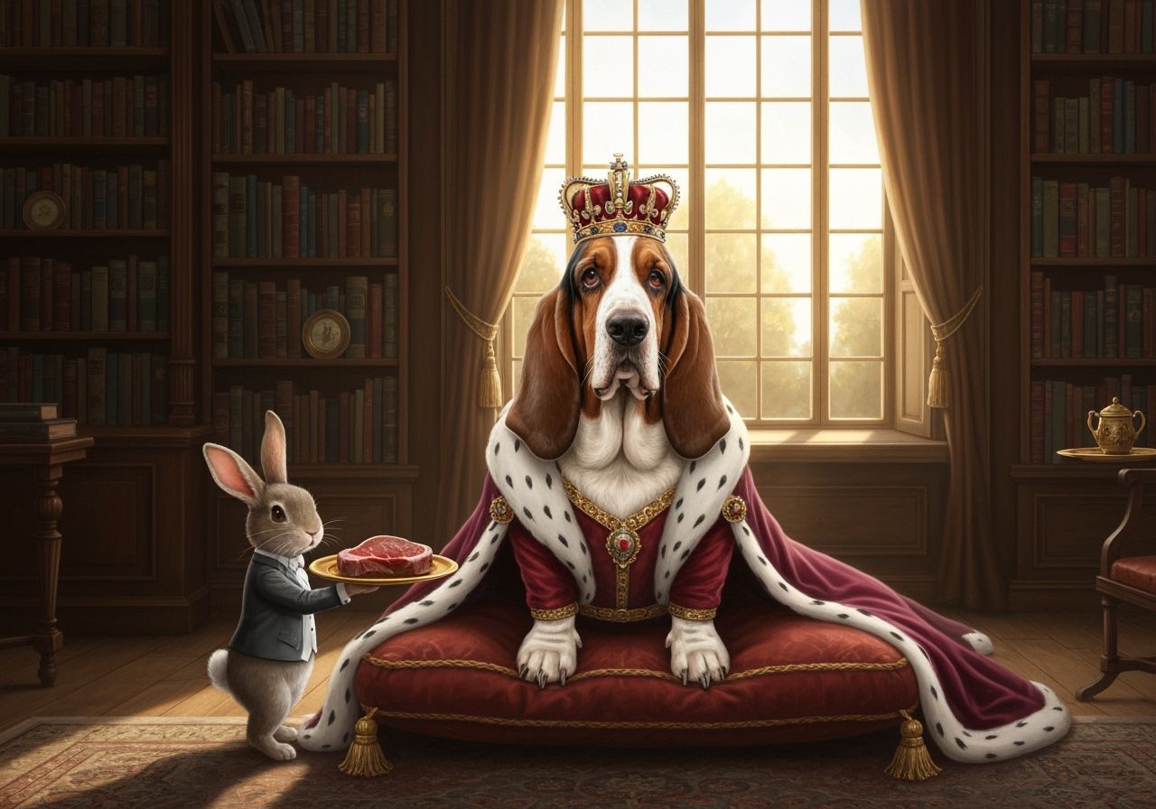 Regal Basset Hound King Dines with Bunny Butler