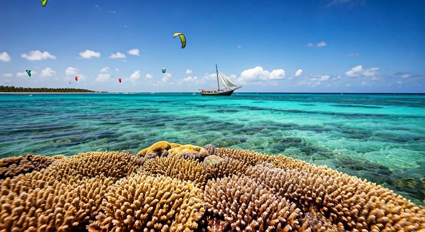 Underwater Coral Reef and Kite Surfers in Vibrant Light