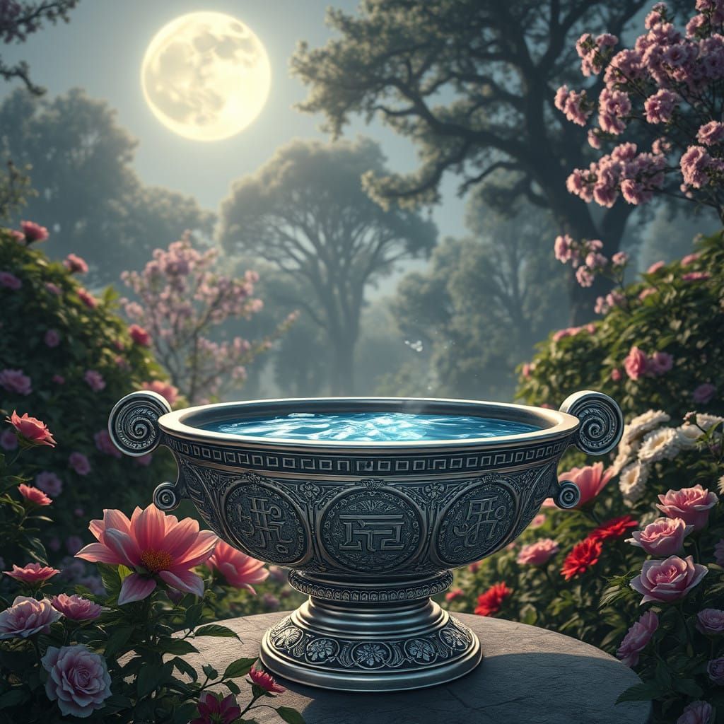 silver basin in lush garden