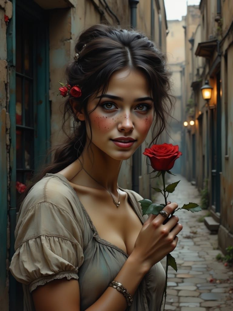 Melancholy Woman in Gloomy Alley with Red Rose