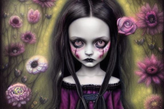 Gothic Cemetery Scene with Cosmic Flowers