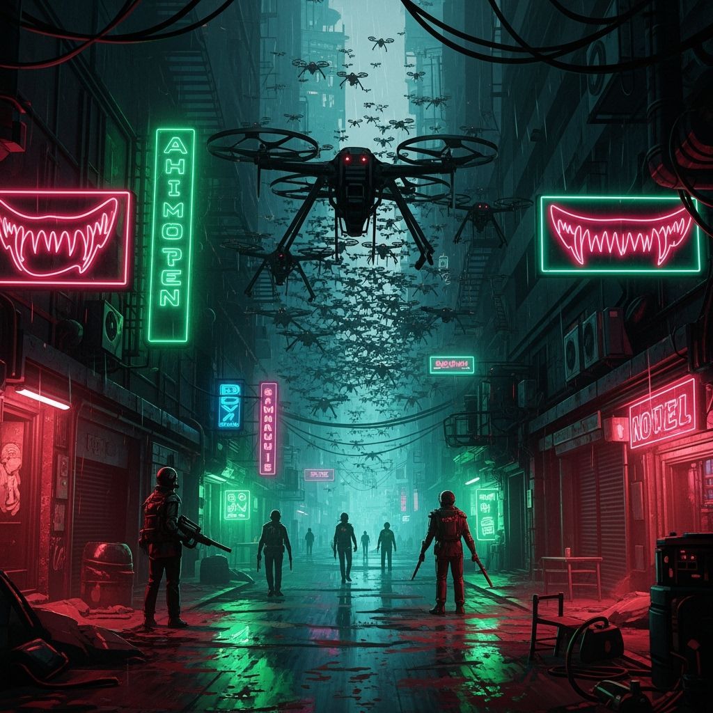 Cyberpunk Drone Swarm in Gritty Futuristic Cityscape