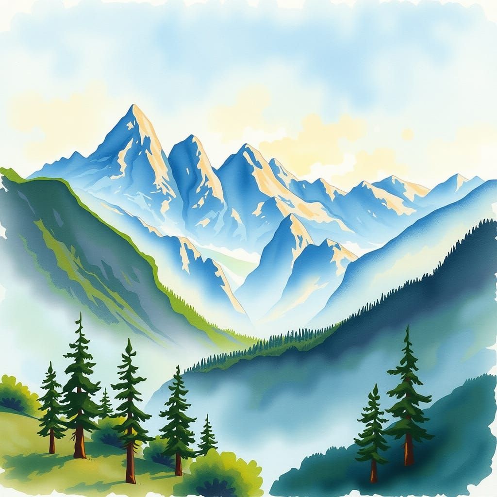 Watercolor Mountainscape in Zbukvic, Castagnet, Jozwiak Styl...