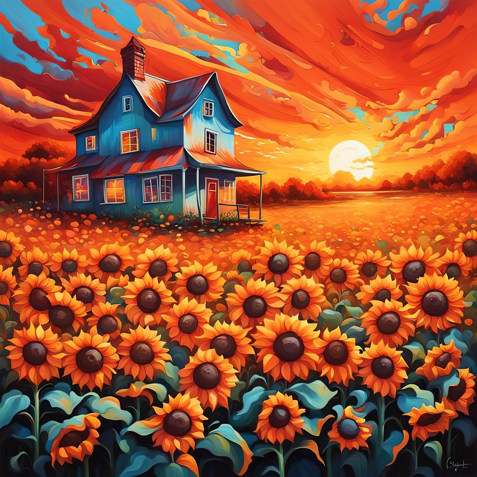 Sunset Sunflower Field Dance in Graffiti Art