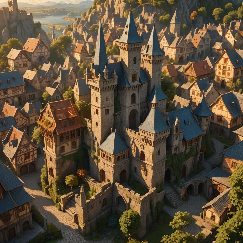 Medieval Keep in Small Town: Fantasy Matte Painting
