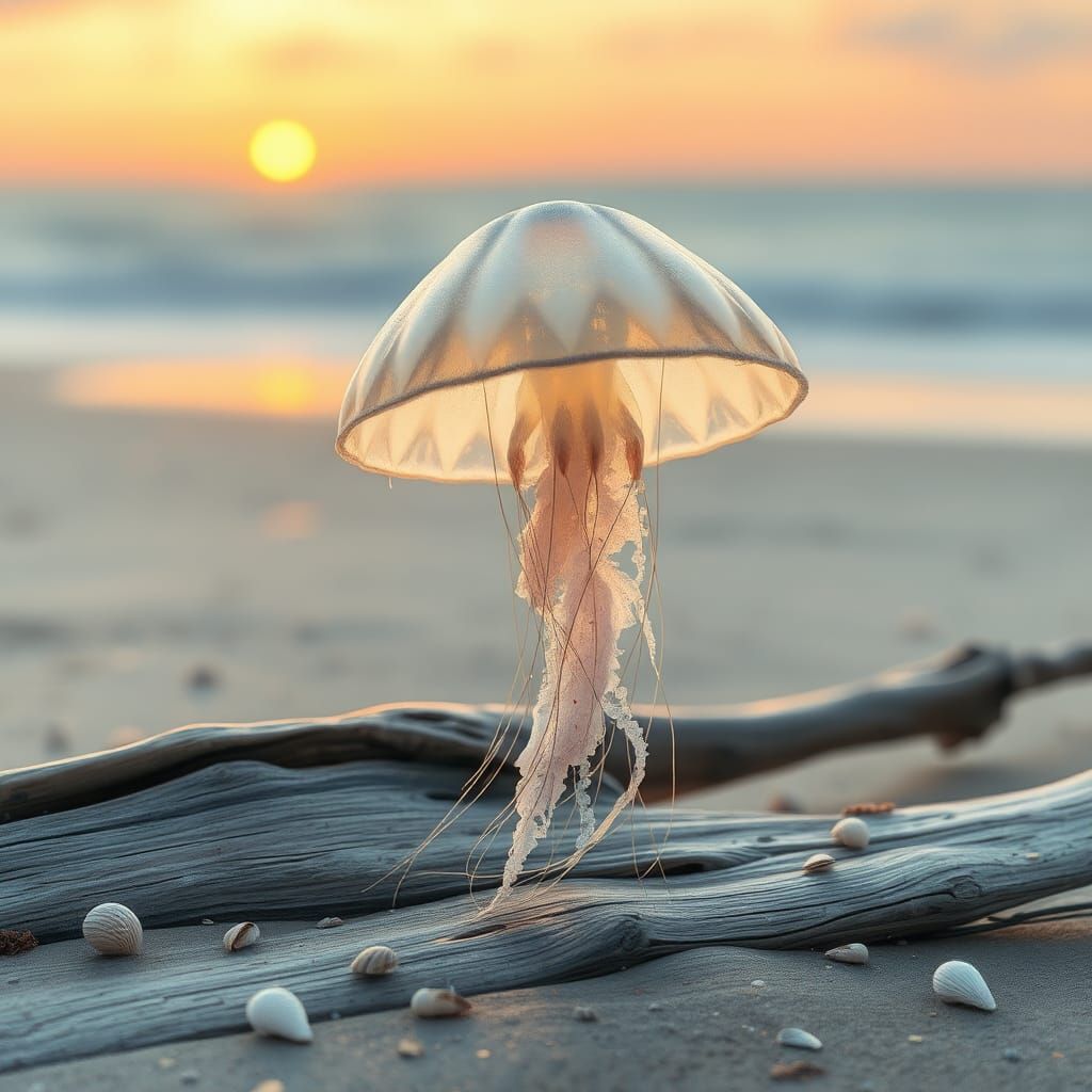 Ethereal Jellyfish on Driftwood Beach, Watercolor Illustrati...