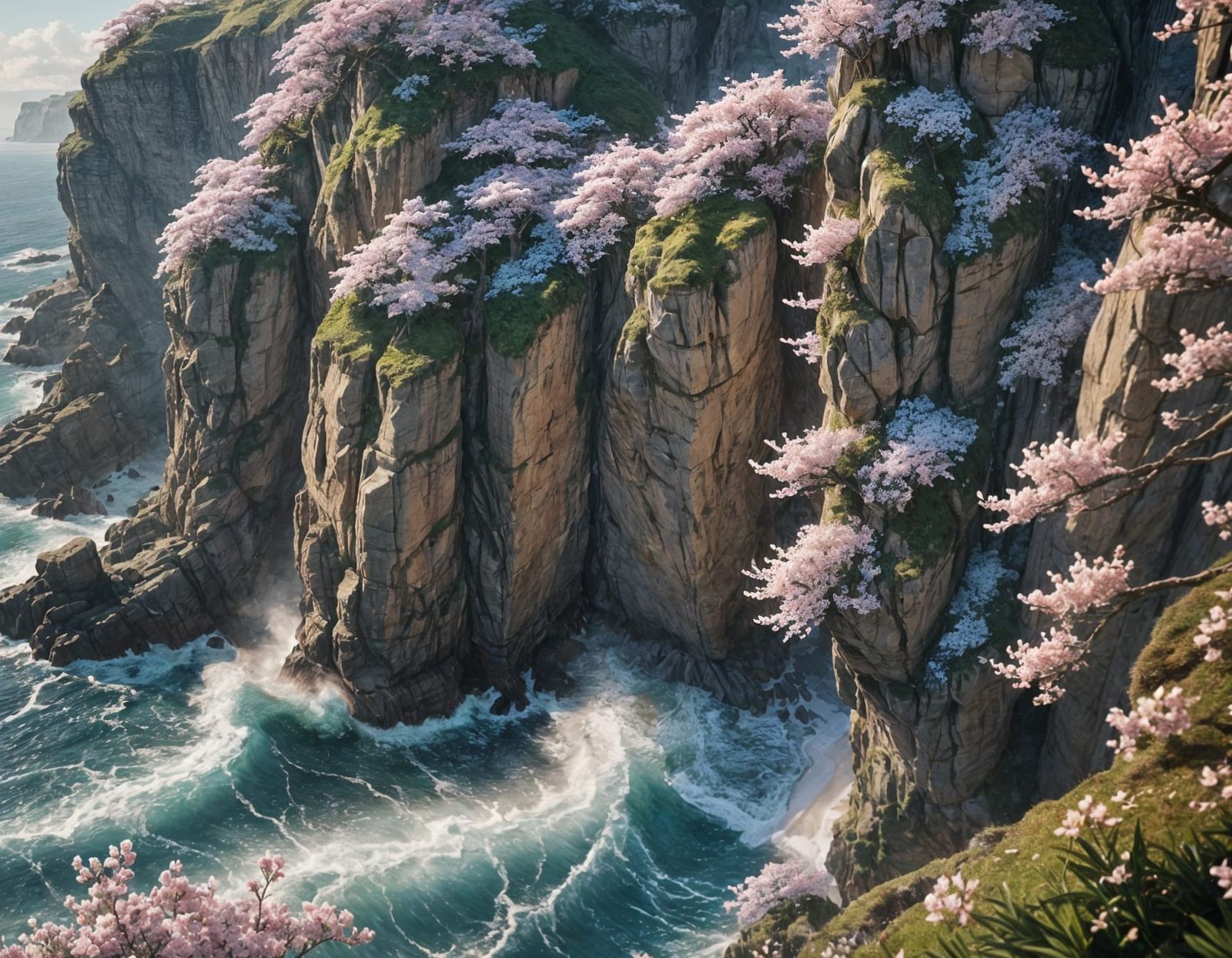 Ocean Cliffs with Cherry Blossoms in 3D