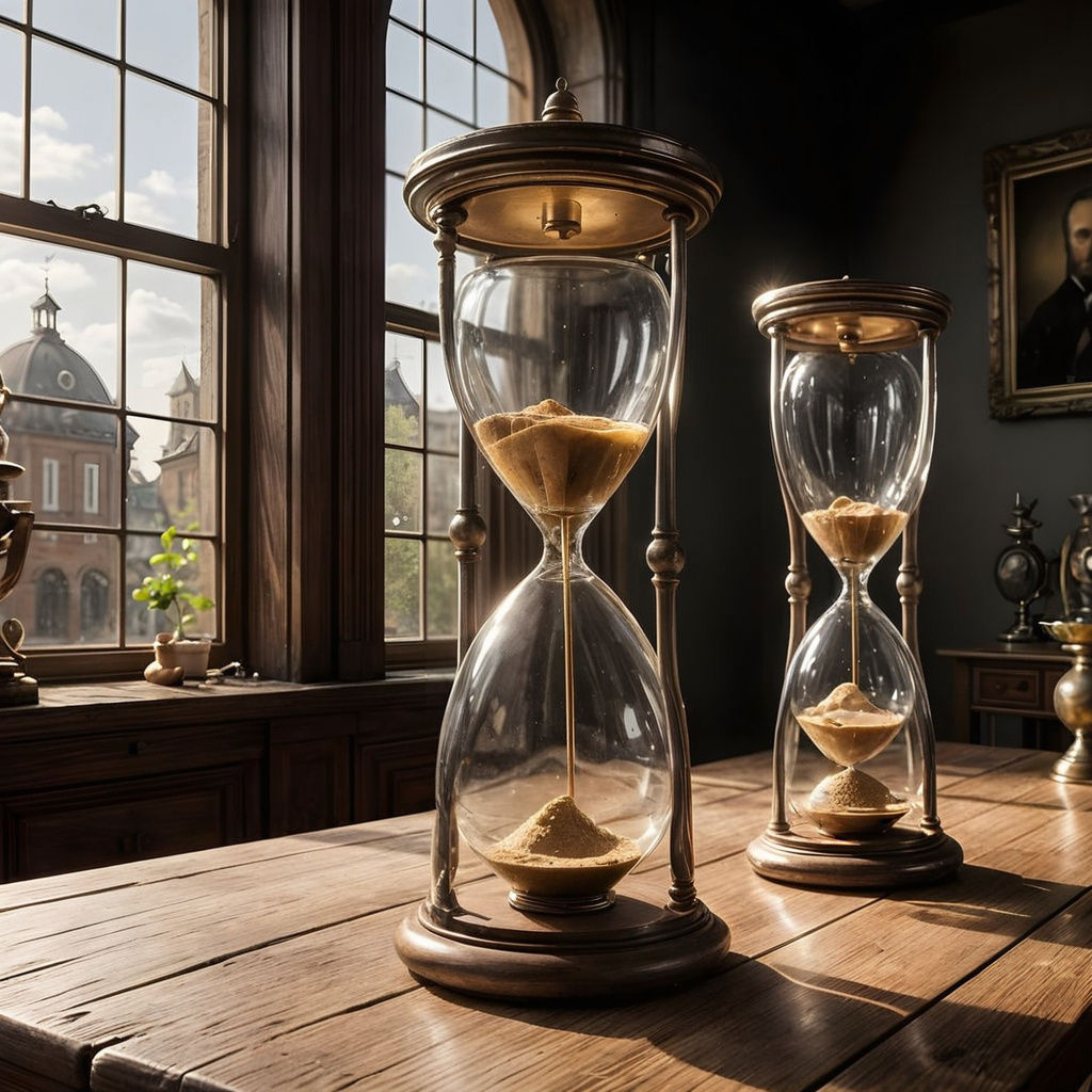 Surrealistic Dutch Still Life with Hourglasses in Warm Golde...