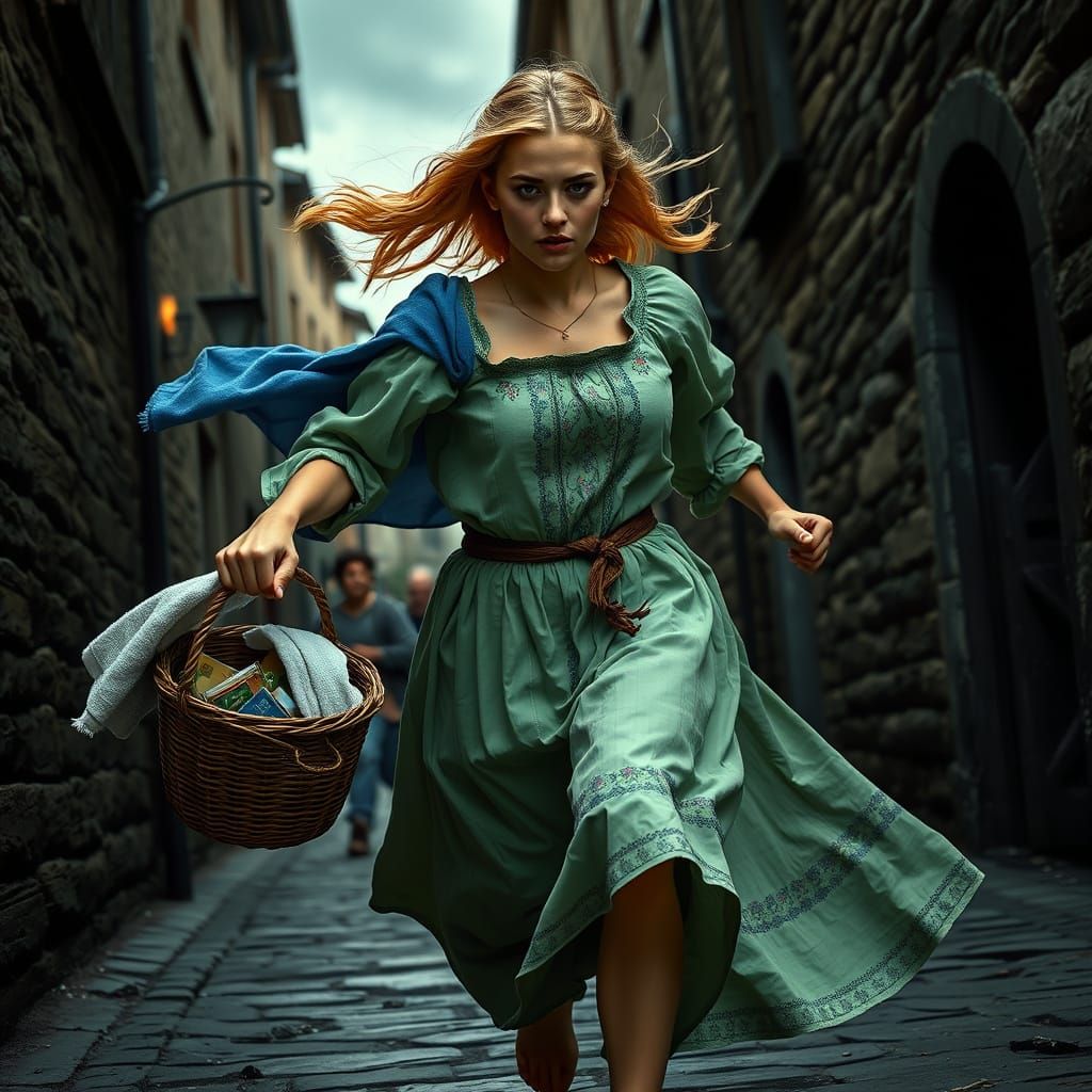 Peasant Woman Rushes Home Amidst City Panic