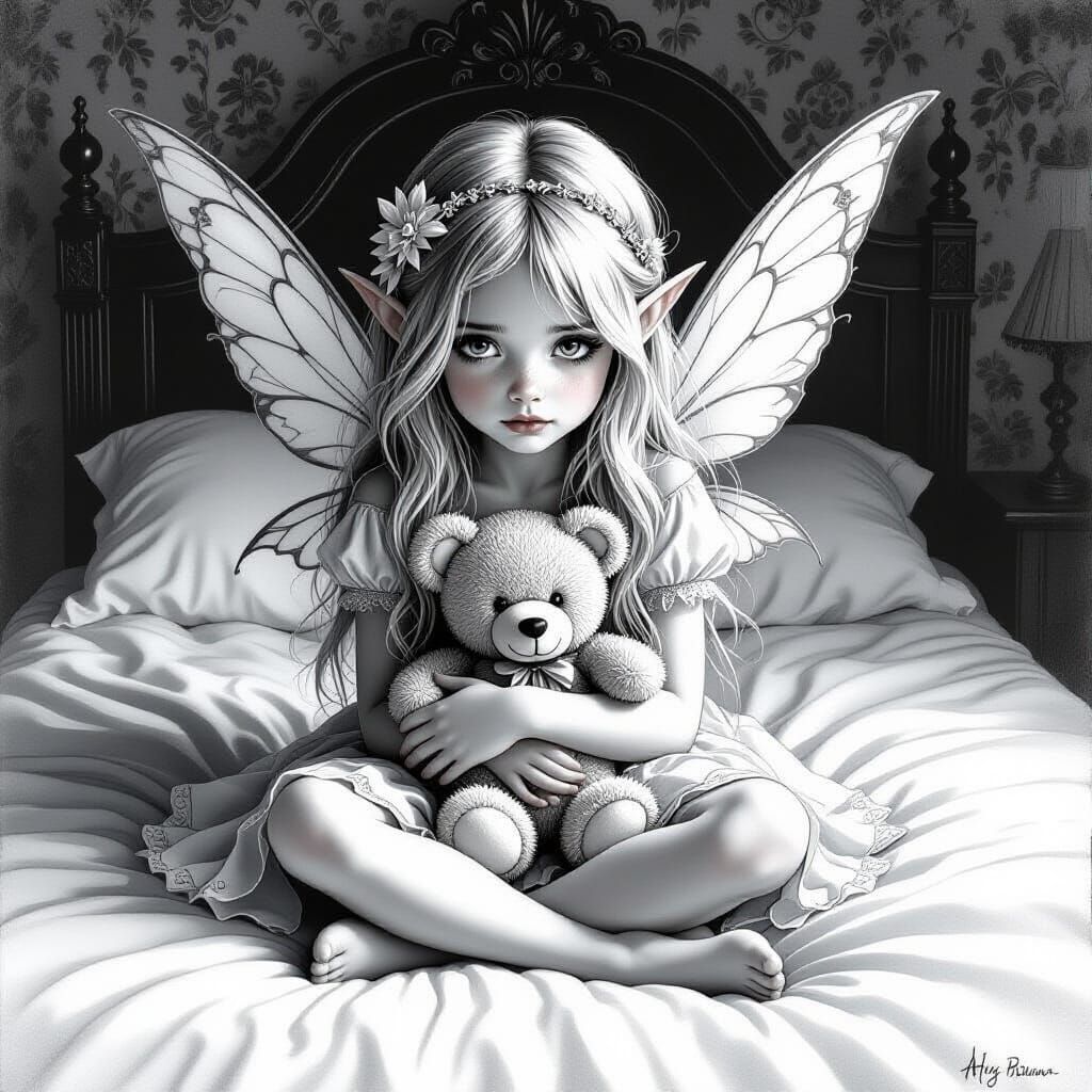 Melancholy Fairy Girl with Teddy Bear in Grayscale