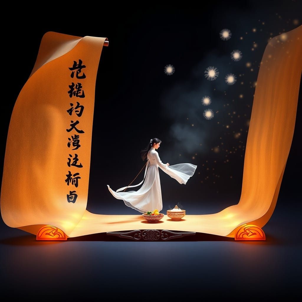 Ethereal Scroll in Dreamlike Landscape