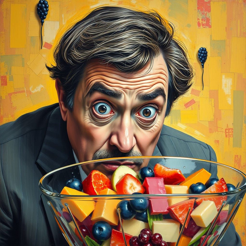 Man Lost in a Vibrant Fruit Salad Maze