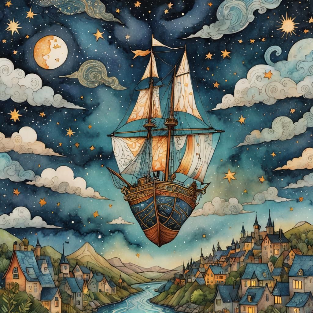 Boy Sails Sky-Boat: Surreal Folk Art in Watercolor