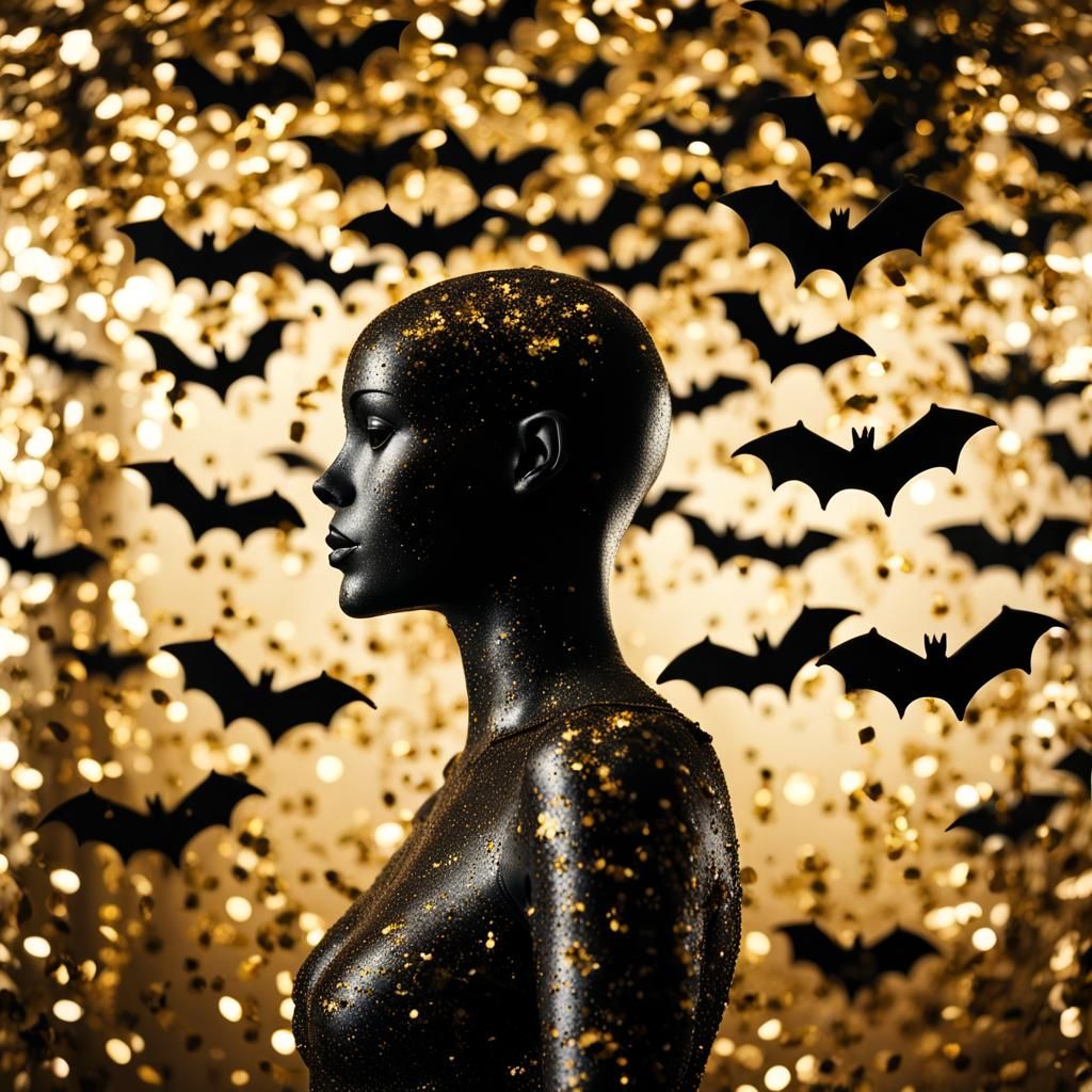 Metallic Mannequin with Gold Confetti, Hyperrealistic