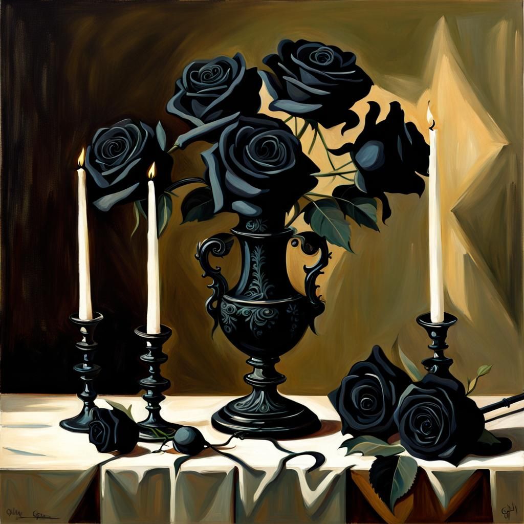 A Gothic Style Still Life Oil Painting of Long Stem Black Roses In A Vase (Continued)