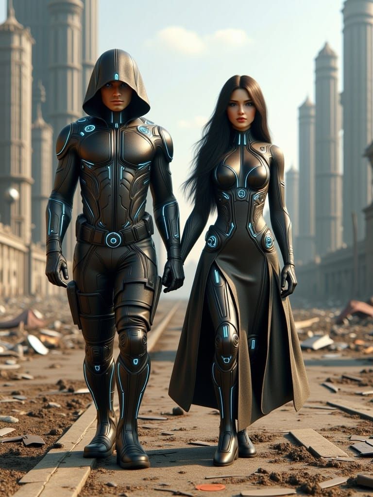 Couple dressed in discarded trash and broken machines and sc...