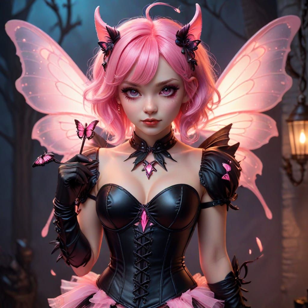 Cute Demon Faerie with Pink Hair and Butterfly Wings