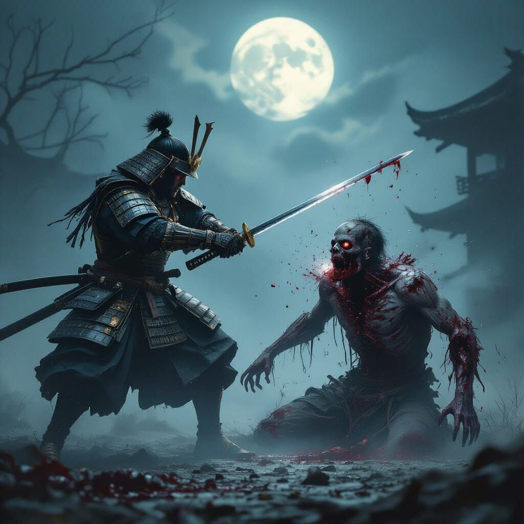 Samurai Slices Zombie in Foggy Night, Dark Fantasy Art