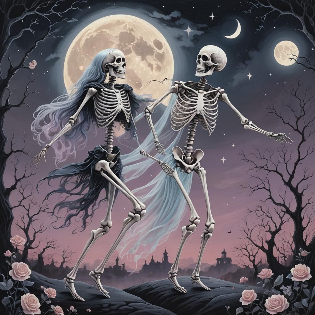 Macabre Skeleton Dance with Ghost in Pastel Goth Style