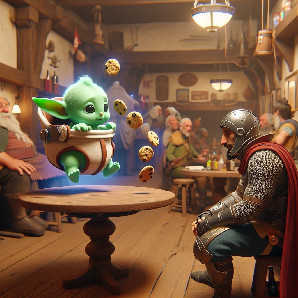 Disney Pixar style 3D Baby Grogu, in his carrier, at a table summoning cookies, Mandelorion sitting next to him, tavern ...