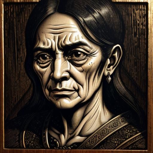 Baroque Woodcut: Crying Old Woman in Golden Light