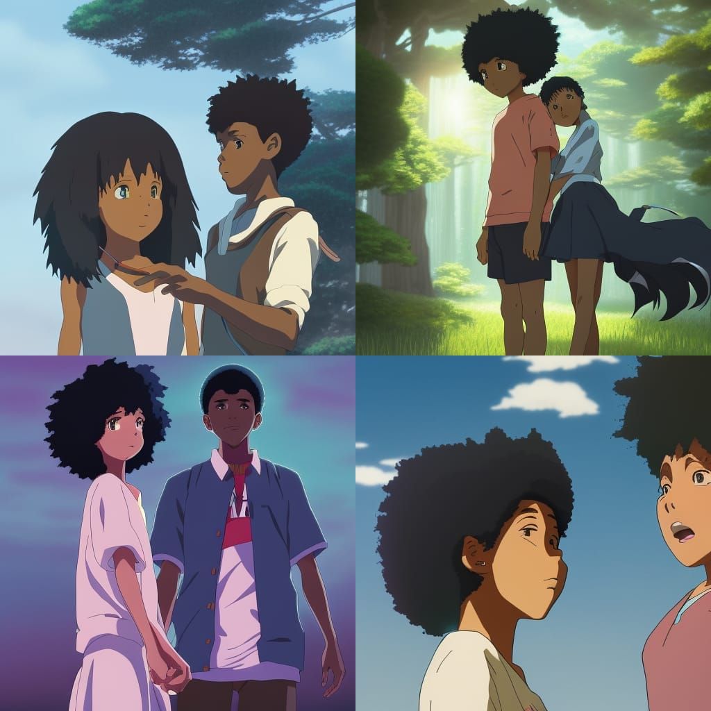 Anime Black Boy and Girl in Ghibli Style