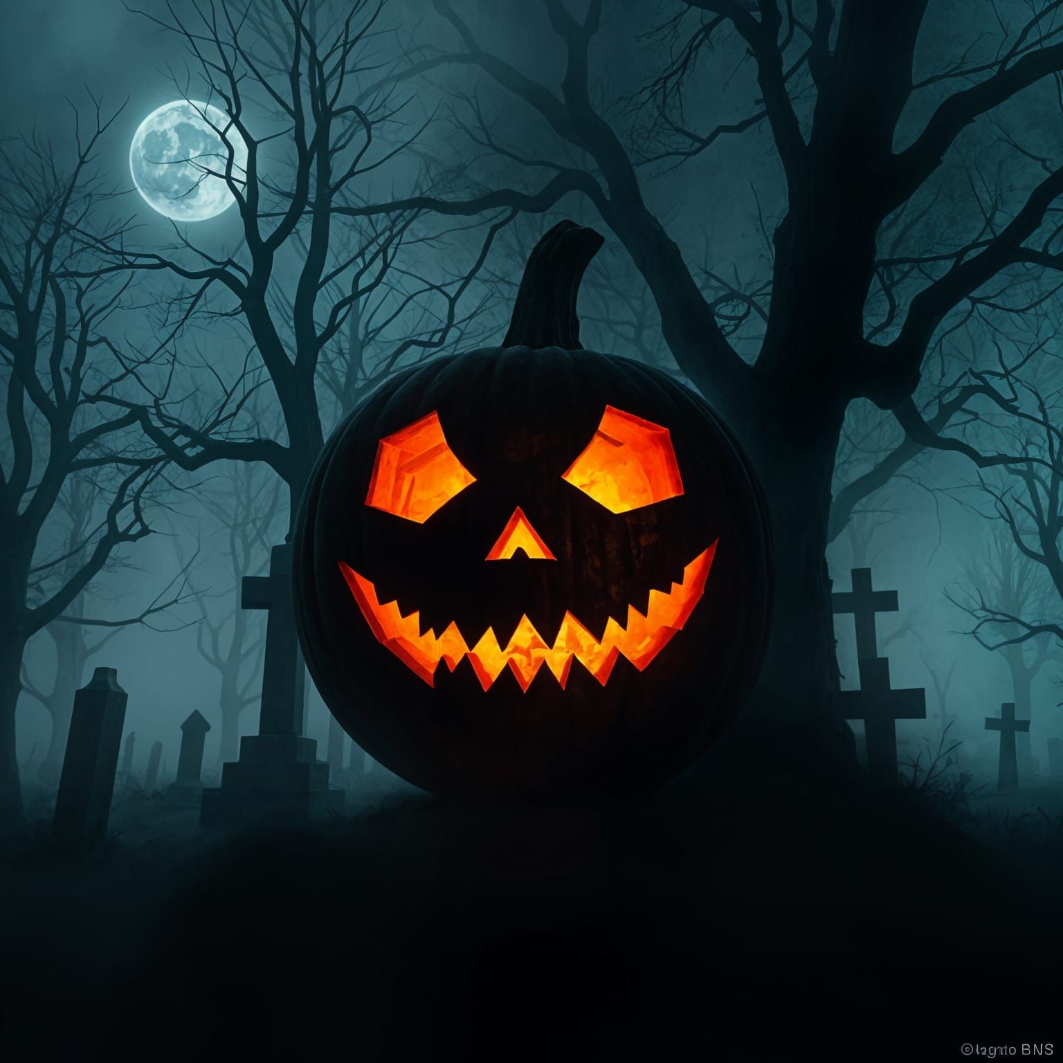 Double Exposure Jack-o-Lantern in Foggy Cemetery