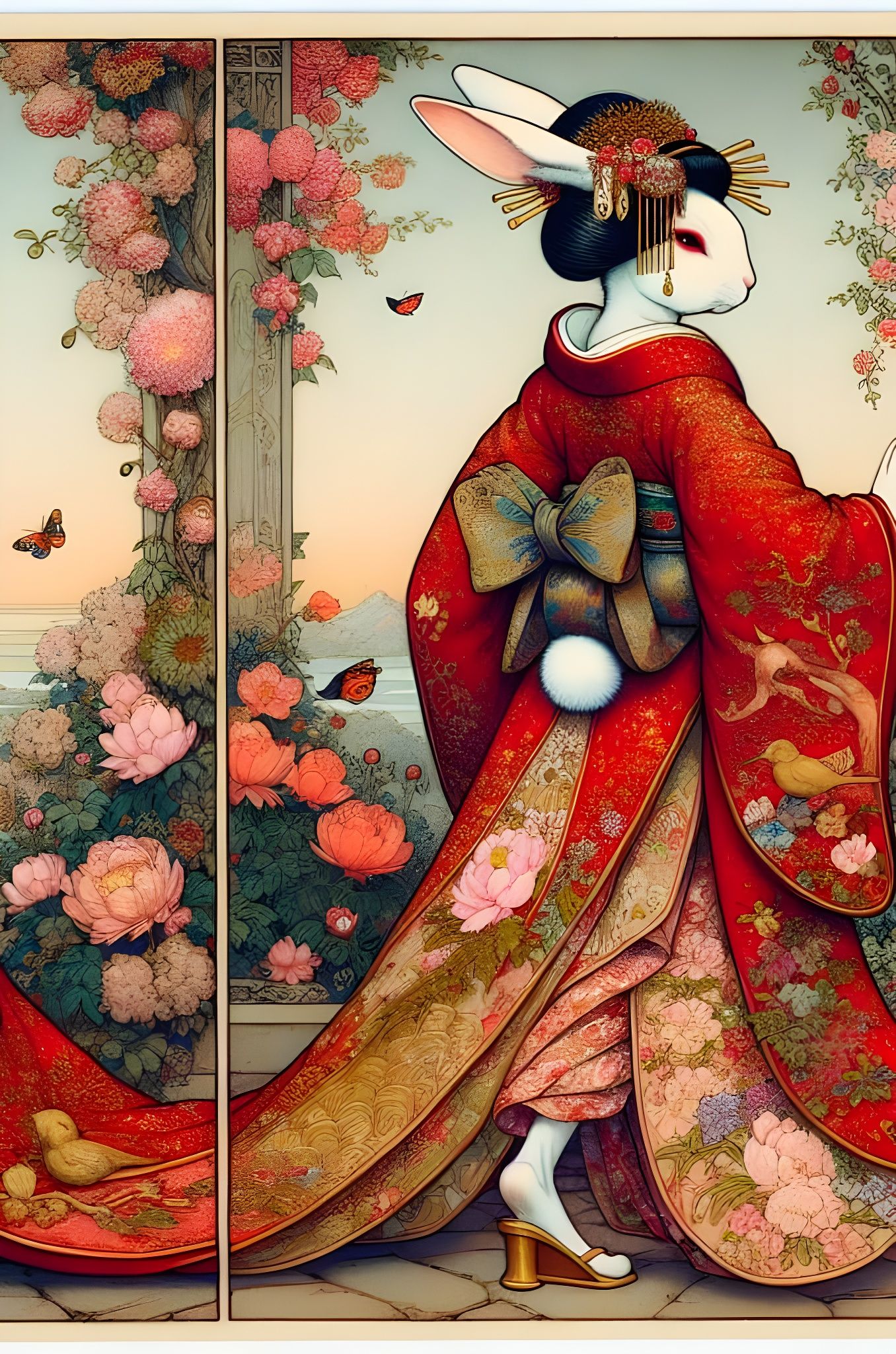 Art Nouveau Geisha Rabbit in Rouge Kimono with Floral Embroi...