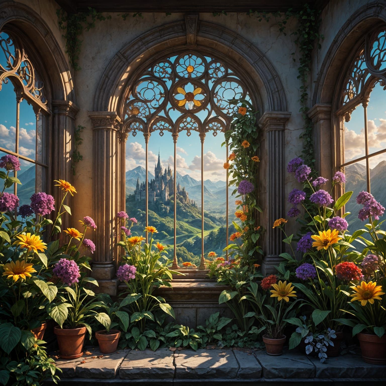Mystical Window Gaze in a Dreamy Landscape
