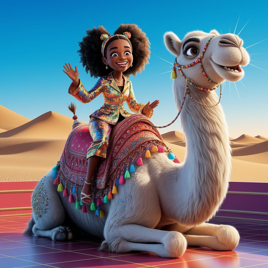 Joyful Black Teen on Camel in Desert, Pixar Style