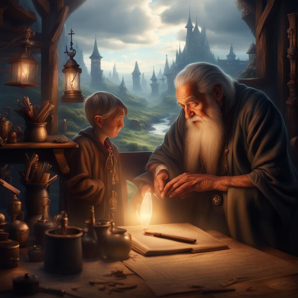 Fantasy Village Elder Teaches Magic to Grandson