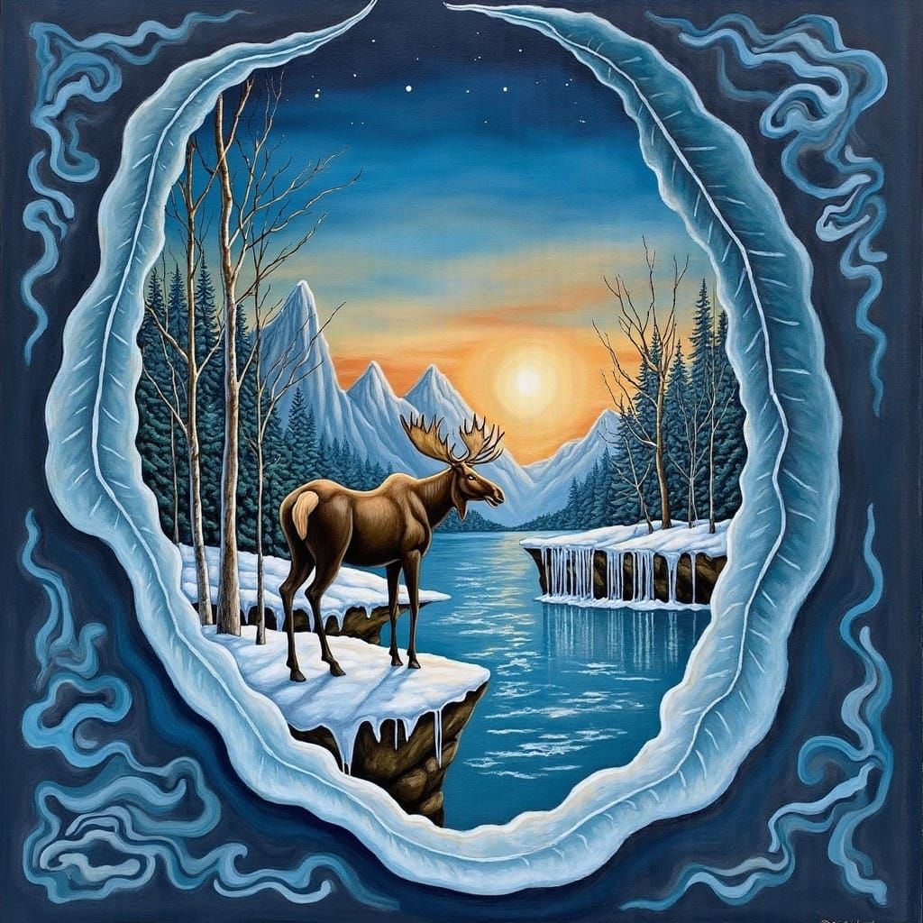 Surreal Winter Landscape in Frosty Blue Leaf Art Nouveau Sty...