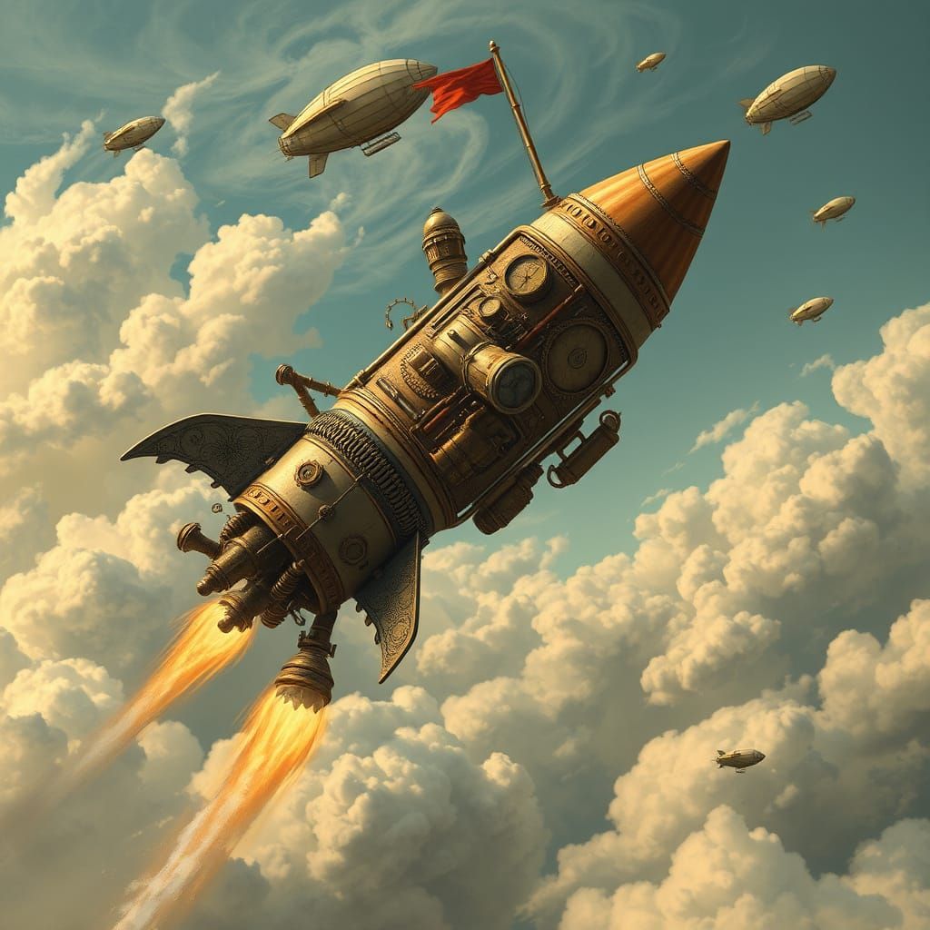 Steampunk Rocket Ship Soaring Through Whimsical Sky