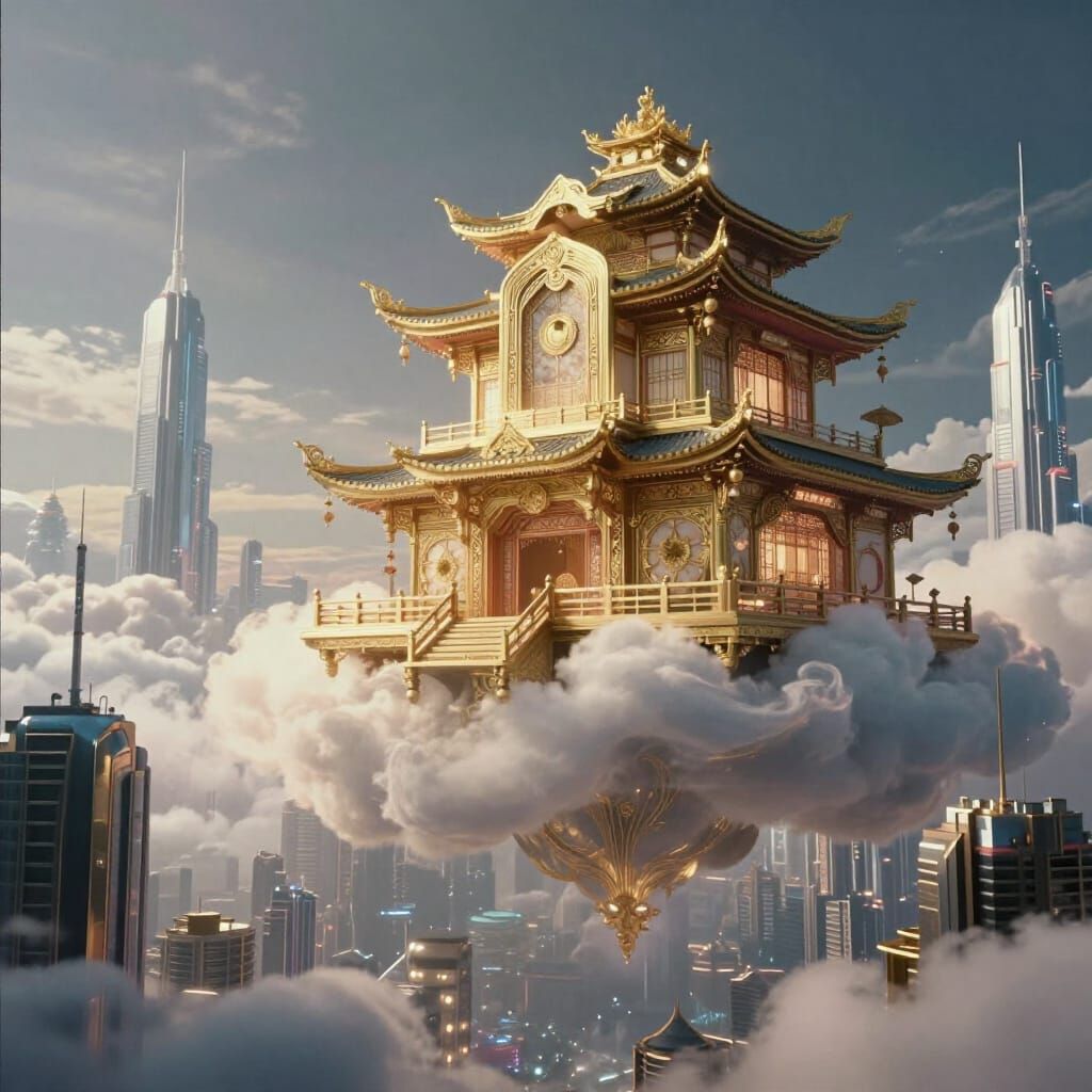 Art Deco Geisha House Floats Above Futuristic City