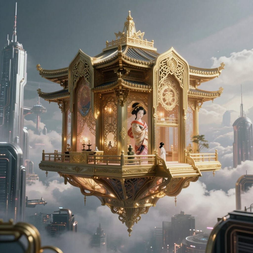Art Deco Geisha House Floats Above Futuristic City