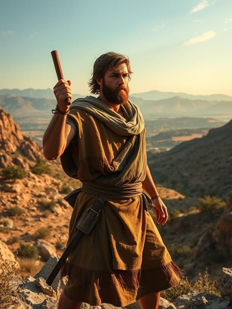 {
  "title": "König David",
  "description": "A realistic photo of King David, poised with his slingshot, ready to face ...