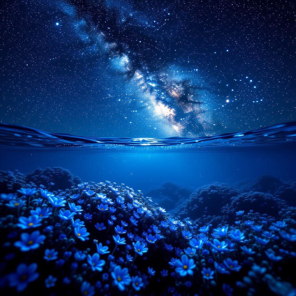 Blue Deep Ocean Meets Starry Sky with Blue Flowers