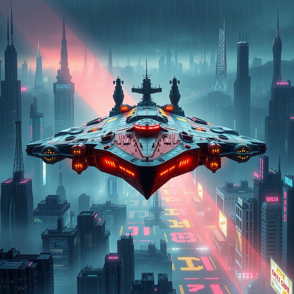 Majestic Flying Airship in Cyberpunk Cityscape