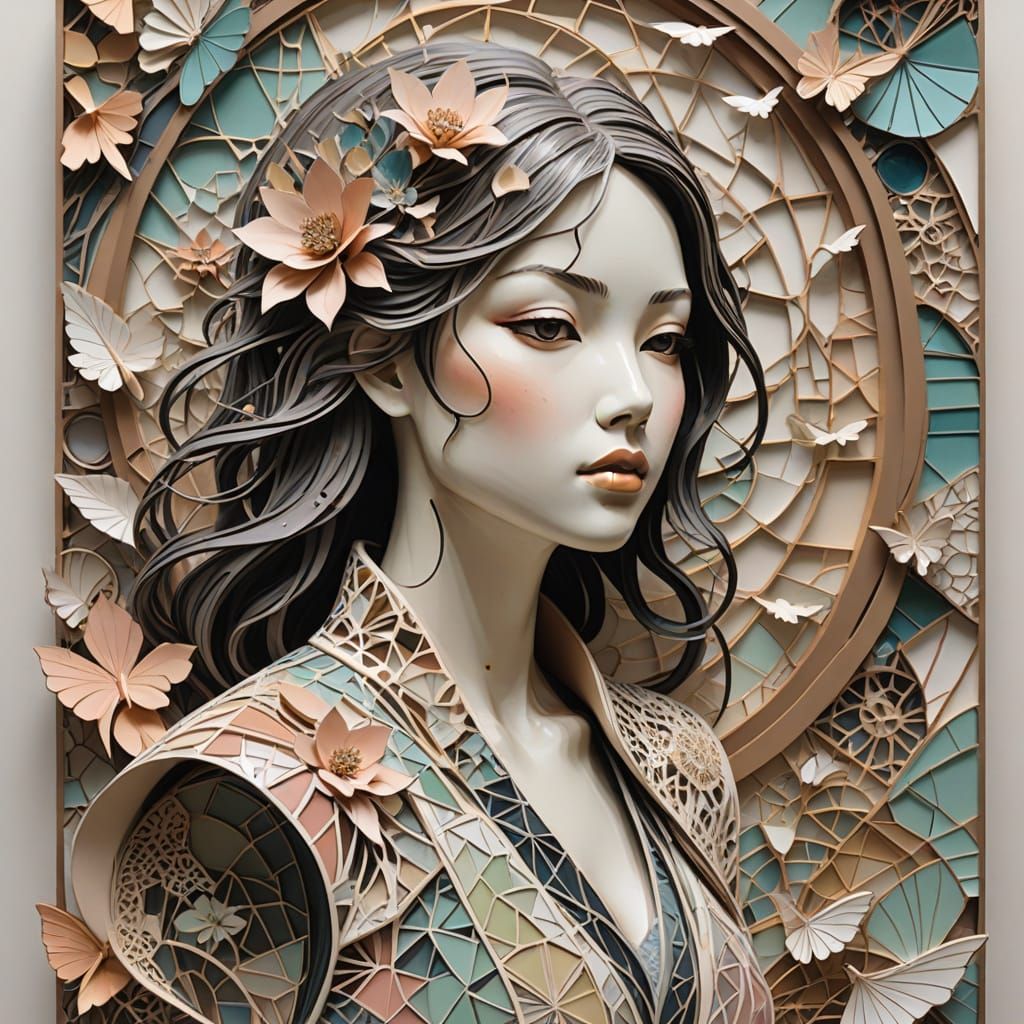 Young Woman Rising Amidst Kirigami Cityscape in Enameled Pai...